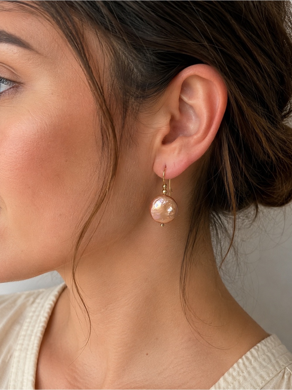 Freshwater Peach Coin Pearl Earrings Gold Plated Hooks